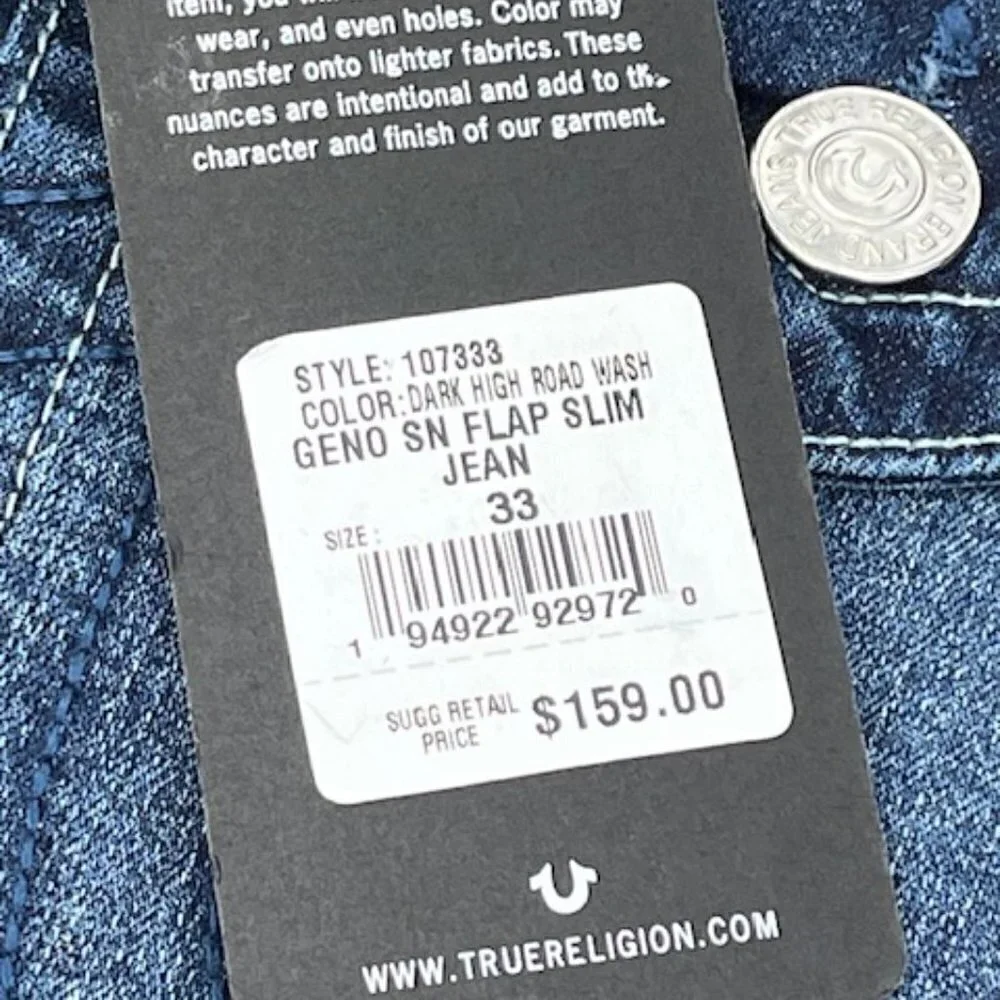 True Religion Geno SN Flap Relaxed Slim Blue Men's Size 33 X 32 Jeans NEW $159